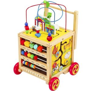 Дървена количка с интерактивен куб 2 в 1