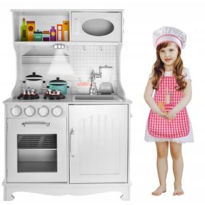 Детска дървена кухня с LED светлини и аксесоари, бяла, Malatec