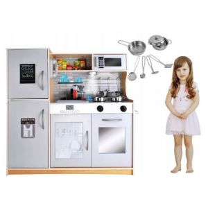 Детска дървена кухня със светлина и аксесоари, светло кафява