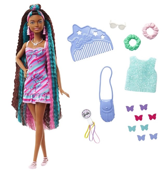 HCM91-kukla-barbie-chernokozha-s-dylga-kosa-1 Кукла Barbie с дълга коса и рокля на пеперуди - Image 1