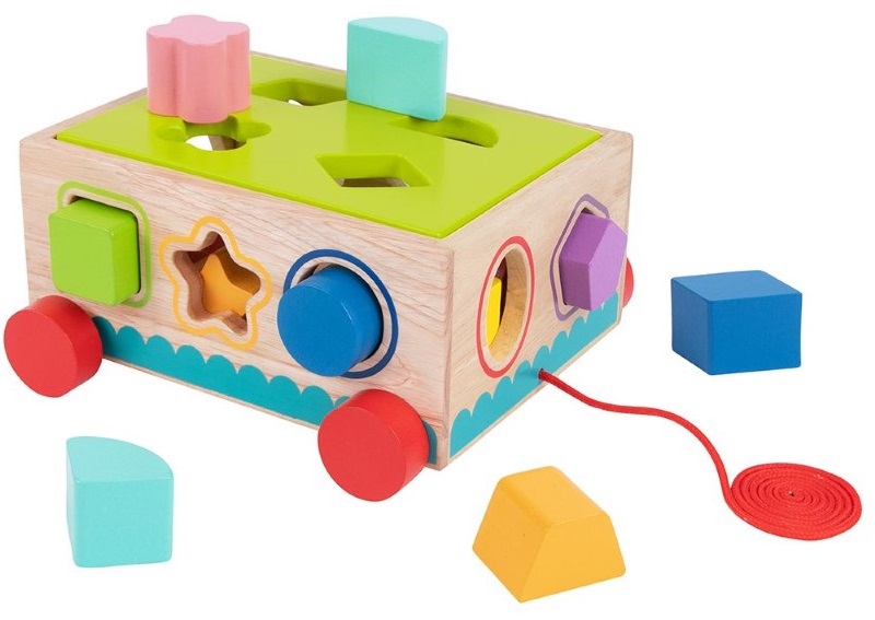 TH580-dyrvena-kolichka-sorter-s-formichki-tooky-toy Дървена количка-сортер с цветни фигури, Tooky Toy TH580