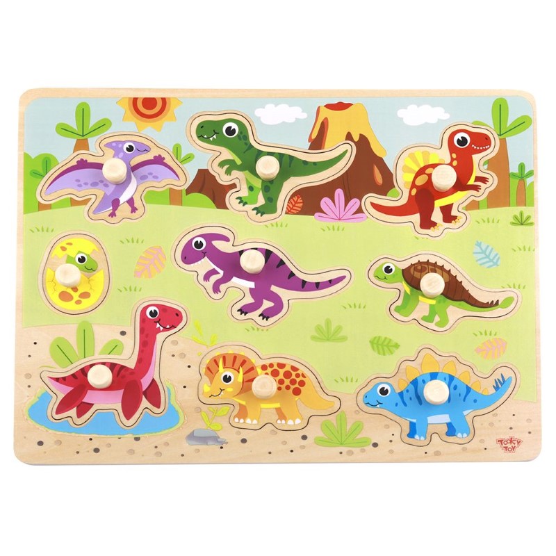 TY859-tooky-toy-dyrven-puzel-dinozavri Tooky Toy Дървен пъзел с дръжки, Динозаври
