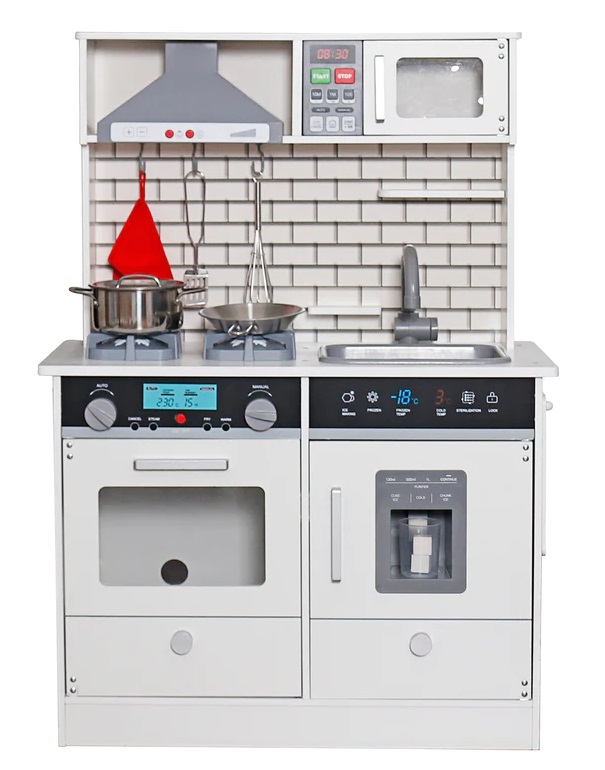 W10C493J-detska-dyrvena-kuhnya-s-zvuk-i-svetlina-byala-ginger-home Детска дървена кухня със звук и светлина, Бяло-сива, Ginger Home