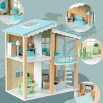 Дървена къща за кукли с мебели, Синя 5