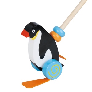 Дървена играчка за бутане Пингвин с дръжка