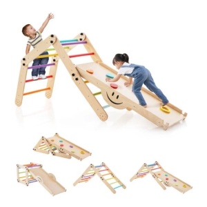 Дървена катерушка с пързалка и стена за катерене, Costway