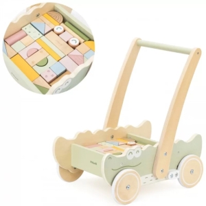 Дървена количка-проходилка с цветни блокчета Кроки, Viga Toys 44278