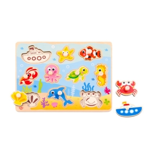 Детски дървен пъзел с дръжки, Подводен свят, Tooky Toys TY856-1