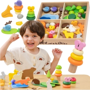 Дървен конструктор с животни, Горски свят, Viga Toys