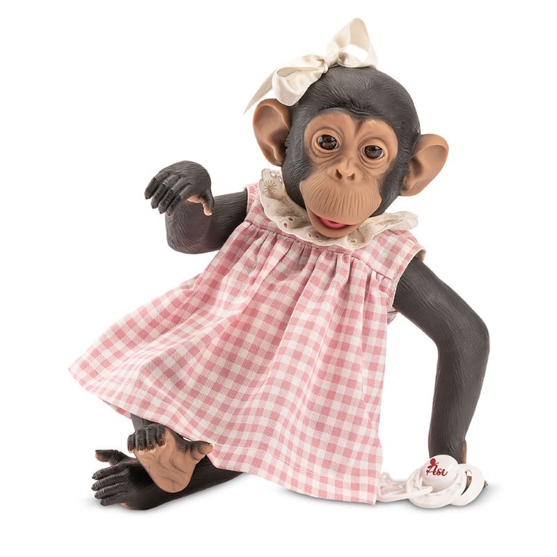 asi-dolls-bebe-maymunka-lola-s-rozovo-byala-karirana-roklya-32-sm-patrisiya-0602500 Asi Dolls бебе-маймунка Лола 32 см с розово-бяла карирана рокля и залъгалка