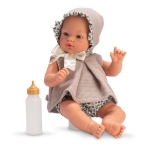 Реалистична испанска кукла бебе Коке 36 см от серията Nude Dots на Asi Dolls в бежов плетен тоалет на точки с пухкава шапка