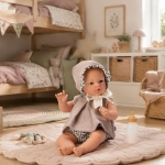 Реалистична испанска кукла бебе Коке 36 см от серията Nude Dots на Asi Dolls в бежов плетен тоалет на точки с пухкава шапка 2
