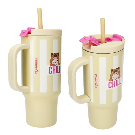 top-model-chasha-sas-slamka-chill-414141-2 Детска чаша на райета от неръждаема стомана с дръжка и розов надпис Chill със сладка щампа на капибара от Top Model Chill 2