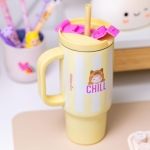 Детска чаша на райета от неръждаема стомана с дръжка и розов надпис Chill със сладка щампа на капибара от Top Model Chill 4