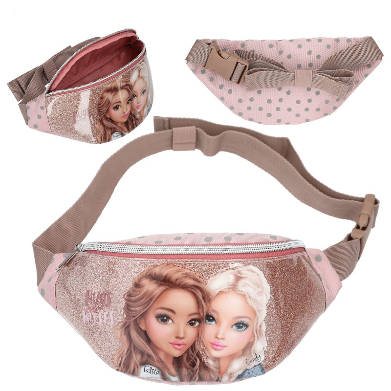 top-model-detska-chanta-za-krast-dots-414015 Детска чанта за кръста и през рамо Top Model Dots с точки и голям преден панел от бляскав брокат и двоен мотив на топ модели