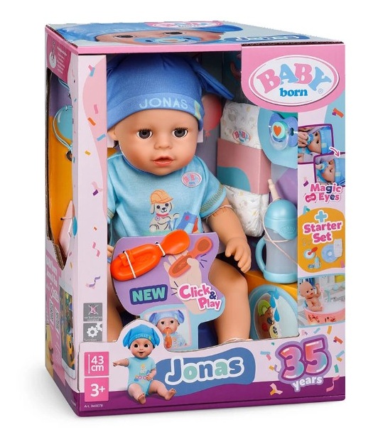 baby-born-kukla-dzhonas-43-sm-840078 Интерактивно бебе момче Baby Born Джонъс 43 см със синьо-син гащеризон, гърне и аксесоари