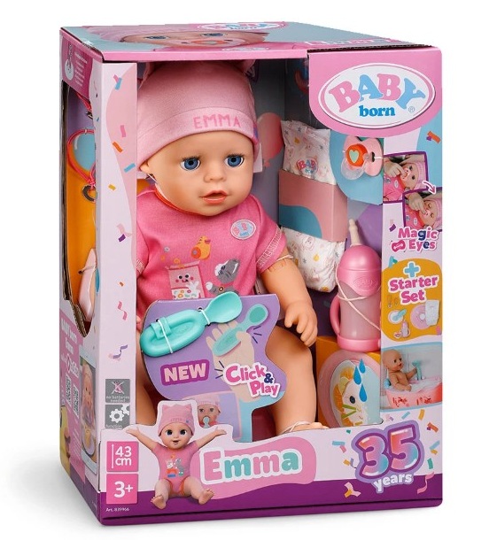 baby-born-kukla-ema-43-sm-839966-click-play Интерактивна кукла Baby Born Ема 43 см с розов гащеризон и включени аксесоари за хранене