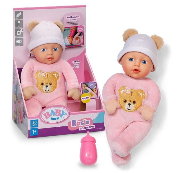 baby-born-meka-kukla-rouzi-zvutsi-30-sm-840481 Интерактивна мека кукла Baby Born Роузи 30 см облечена в розов гащеризон и шапка в комплект с шише за хранене